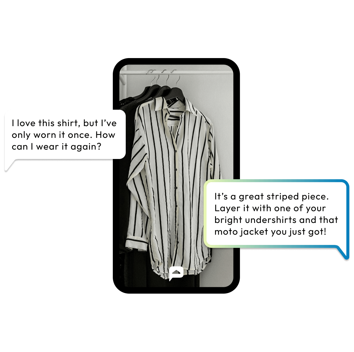 Screenshot of the Posh Fit app showing a striped button-down shirt hanging on a rack. Chat bubbles display a style conversation.
