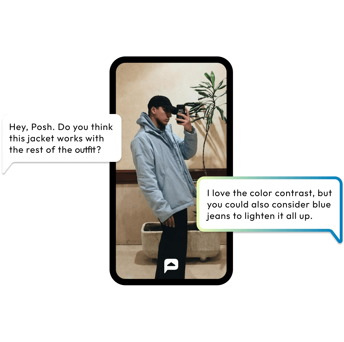Screenshot of the Posh Fit app showing a man taking a mirror selfie wearing a light blue jacket, black pants, and a black cap. Chat bubbles display a style conversation.