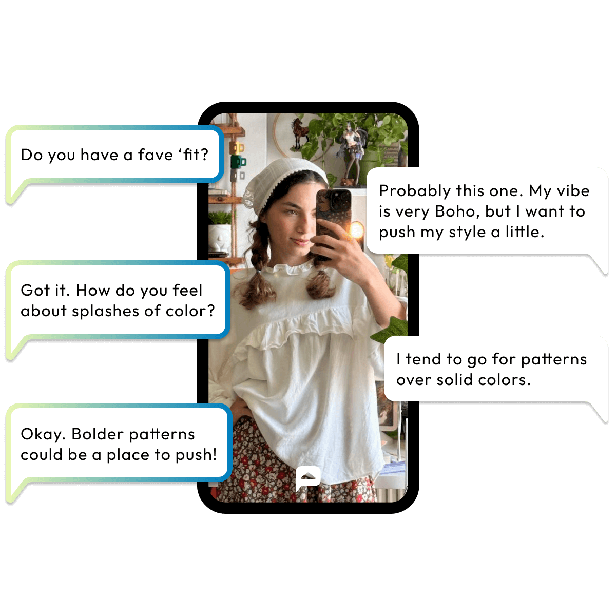 Screenshot of the Posh Fit app showing a woman taking a mirror selfie in a white blouse and patterned skirt. Chat bubbles display a style conversation.