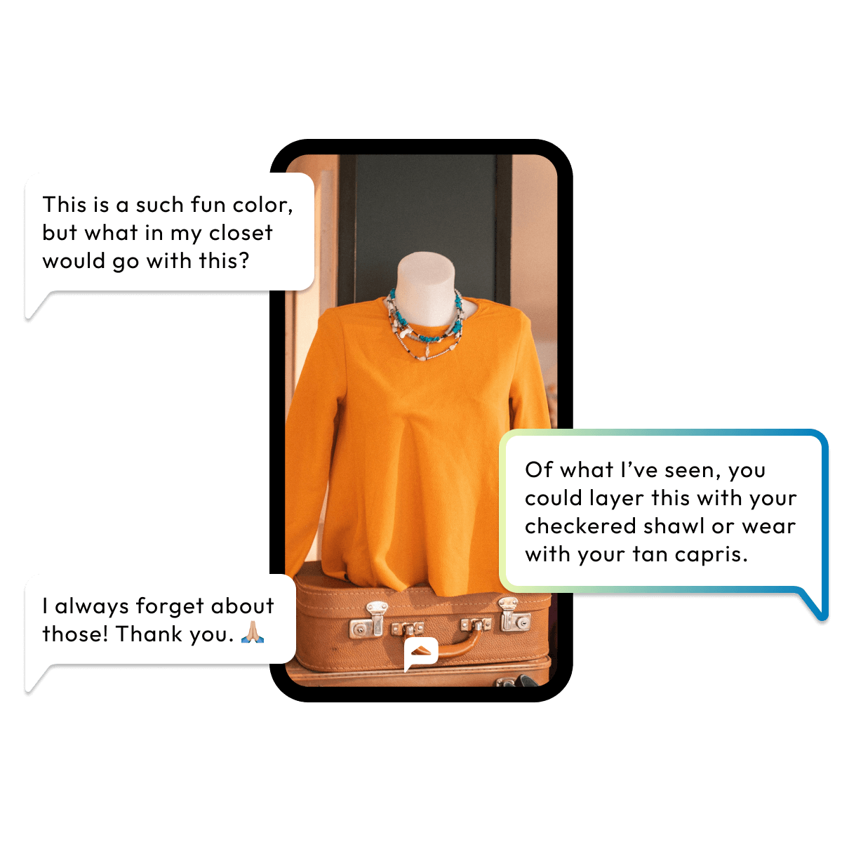 Screenshot of the Posh Fit app showing an orange long-sleeve top displayed on a mannequin with a turquoise necklace. Chat bubbles display a style conversation.