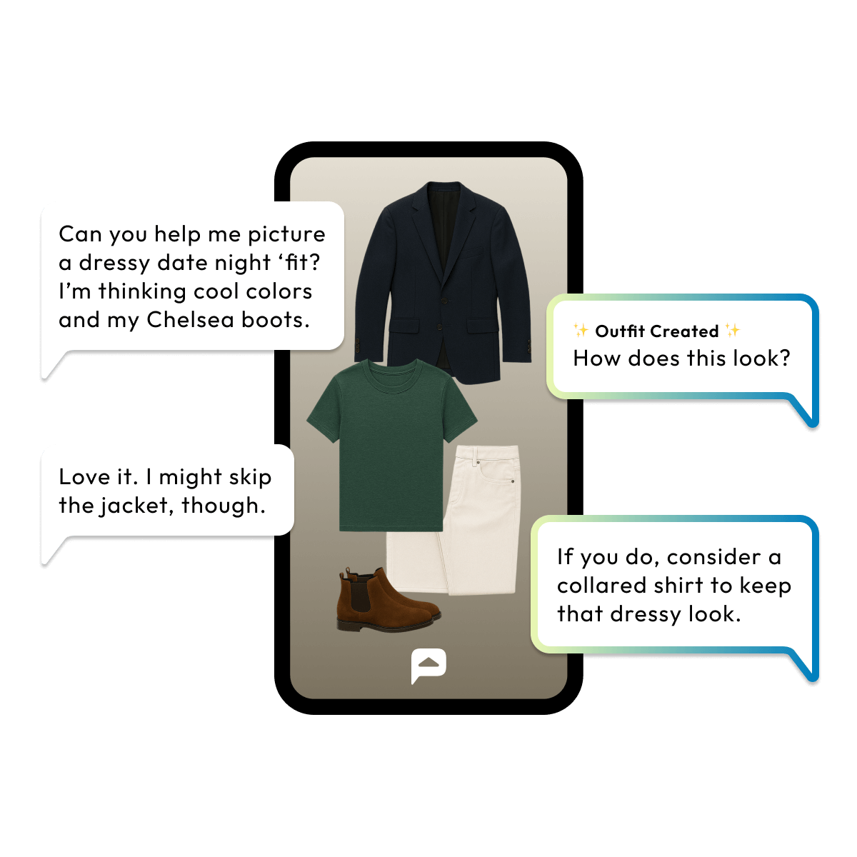 Screenshot of the Posh Fit app showing a styled outfit with a navy blazer, green t-shirt, white pants, and brown Chelsea boots. Chat bubbles display a style conversation.